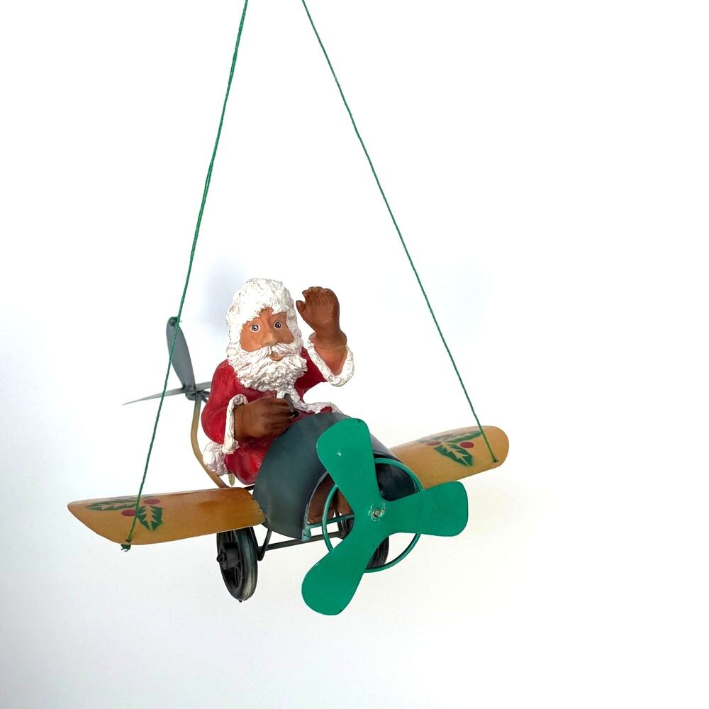 Rare Vintage Santa in Plane Metal Mobile Christmas Ornament